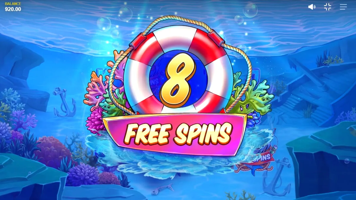 Shark Boss slot game interface na may pating sa bangka
