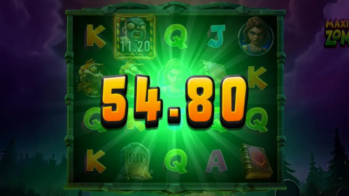 Maximum Zombie slot game screen na nagpapakita ng mga zombie symbols at apocalyptic theme